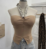 Shot Leopard-Print Silk Scarf Hanging Neck Design Folded Bra Strap Chest Pad Vest Short Sleeveless Top Lady