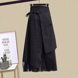 Women Winter Patchwork Long Sleeve Knitted Tops + Asymmetric Skirt 2 Piece Suit Female Party Elegant Two Piece Set 211-1-Outfit