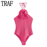 2023 Women Swimwear Flower Sexy Backless Body Woman Off Shoulder Halter Summer Woman Bodysuit Lingerie Tights