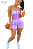 Women Sexy Tie-dye Suspender Playsuit Summer Streetwear Sports Spaghetti Strap Cutout Waist Slim Fit Short