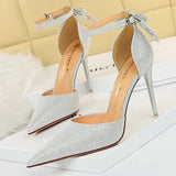 Shoes Sequin Cloth Women Sandals High Heels Bow Sandals 2022 New Summer Sandals Women Pointed Toe Ladies Heeled