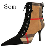 2022 Winter Ankle Women Boots Fashion Slim Heel High Heel Pointed Plaid Plaid Lace Up Fashion Cross Strapping