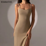 Sexy Knee-Calf Dress Women Sleeveless Summer Side Split Fashion Chain Backless Streetwear Casual Party Dress 2021