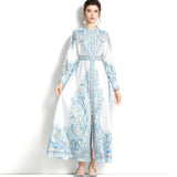 And Autumn Dress Retro Court Style Lapl Lantern Sleeve Print Dress Women's Single Buckle Large A-Word Over Knee