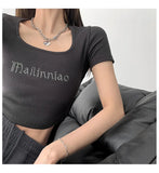Zingj Letter Embroidered Slim Bottom Shirt Square Collar Low Breast Collarbone Short-Sleeve T-Shirt Midcrop High Waist