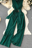 Vintage V-Neck Wide Leg Jumpsuits Women Elegant Red/Green/Orange Sleeveless High Waist Romper With Belts New Fashion