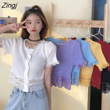 Sleeve T-shirts Women Lace Patchwork Crop Top Ins Chic Sweet Student Ruffled Single Breasted Tees Korean Slim Knitwear