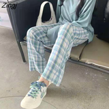 Women Plaid Colorful Loose Students Cute Girl Kawaii Ulzzang Chic Stylish Pockets High Waist Straight Streetwear Newest