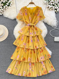 Women Floral Ruffle Pleated Long Dress Vintage V-Neck Short Sleeve High Waist Tierred Maxi Robe Vacation Beach
