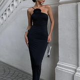 Zingj Women's Wear 2023 Summer New Sexy Show Back One Shoulder Pleated Slim Temperament Dress
