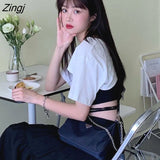 Women Sets 2 Piece Fashionable Lace Up Camis Super-short Loose O-Neck T-shirt Solid Leisure Korean Version All-match Summer