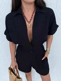 Women's Clothing 2025 Solid Color Short Sleeve Leisure Loose-Fitting Shorts Set