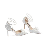 Shoes Women's Pearl Straps High-End Squint Crystal Shoes Silver French High Heels High Heels Do Not Tired Wedding