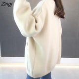 Women Autumn Solid Thicker Warm V-neck Pockets Loose Womens Sweater Ins Simple All-match Knit Tops 4-colors Korean
