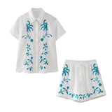 Spring / Summer Holiday Wind New Women's Cotton And Linen Embroidered Short Sleeve Shirt Drawn Rope Shorts Two