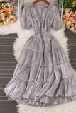 Women Beading Party Dress Vintage V-Neck Short Puff Sleeve High Waist Ruffle Draped Robe Vacation Beach Vestidos 2023