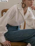 Sleeve Elegant White Button Vintage Women Blouse Turn Down Collar Office Ladies Female Casual