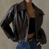 Zingj Women's Fall 2023 New Vintage Temperament Lapel Zipper PU Leather Casual Jacket