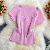 Zingj Spice Sister Wind Short T Shirt Short Sleeve Design Sense Small Square Collar Machine Dew Collarbone Crop Sweater Jacket