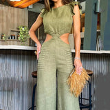 Zingj New 2024 Summer Round Collar Flounce Jumpsuit-Outfit