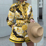 Spot 2025 Autumn / Winter Women's Shopify Print Long Sleeve Jacket Shorts Set Two-Piece
