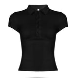 Style Collar Buckle V-Neck Spliced Chest-Type Umbilled T-Shirt Hottie Temperament Female Casual