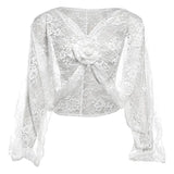 White Sheer Lace Knot Long Sleeve Crop Blouse-Outfit