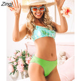 Tie Bralette And Reversible Hipster Bikini Set For Women Green Leaf Print Two Pieces Swimsuit 2023 Swimwear Bathing