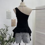 Shooting Hottie Slant Shoulder Short Letter Print T-Shirt Summer Waist Thin Sling Vest Sleeveless Top