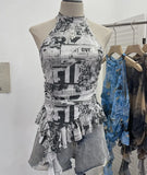 Irregular Hanging Neck Dyeing Net Yarn Vest Lotus Side Ribbon Short Sleeveless Top