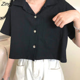 Women Crop Top Pocket Solid Summer New Designed Korean Style Loose Slim Breathable All-match Trendy Students Preppy