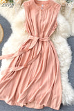 Solid Green/Blue/Yellow Casual Dress Elegant Sleeveless Round Neck Sashes Dresses Vintage 2023 New Fashion Vestido