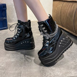 New Autumn And Winter Round Head Side Pull Chain Thick Bottom Short Boots Women 43 Large Slope And Martin