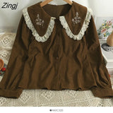 Embroidered Flowers Shirt Women Korean Peter Pan Collar Lolita Blouses Elegant Long Sleeve Single Breasted Blusas
