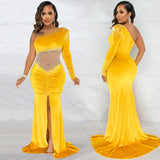 Zingj Royal Velvet Hot Diamond Mesh See-Through Pleated Collar One-Shoulder Slit