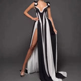 Women's New Three-Dimensional Flowers Sexy Deep V Black And White Striped Sleeveless