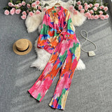 Zingj Suit Women's Casual Loose Long Sleeve Single-Breasted Shirt Two-Piece High Waist Slim Tie-Dye Print Wide-Leg
