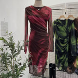 Vintage Tie-Dye Printing Irregular Folded Mesh Yarn Body-Body-Sleeve Dress