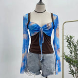 Spring Dress French Court Style Lace Lace Spliced Printed Horn Long-Sleeved T-Shirt