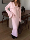 And Winter Solid Color Overturned Sweater Suit Female Horn Sleeve Temperament Knitted Polo Skirt