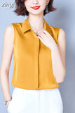 Summer Satin Blouse for Women Polo-Neck Sleeveless Vest Chiffon Shirts OL Womens Tops and Blouses Solid Fashion Ladies