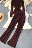 Bright Silk Two Piece Set Women Elegant Blue/Red V-Neck Long Sleeve Blouse+High Waist Wide Leg Pants Suit Spring