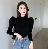 Turtleneck Thick Jumper Knitted Women Sweater Casual Lady Winter Fashion Puff Long Sleeves Elastic Warm Pullovers