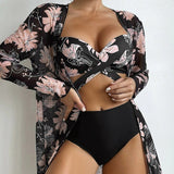 2024 New Bikini Gathering Sexy Mesh Three-Piece Set Of Split-Print Swimsuit
