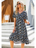 Ladies Summer Dress Women Casual Short Sleeve Ruffles Floral Print Holiday Style Chic Long Dress Beach Chiffon