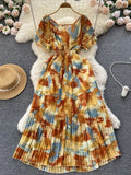 Vintage Women Printed Pleated Long Dress Elegant V-Neck Short Sleeve Ruffle Maxi Vestidos Female Beach Draped Robe