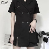 Women Summer Leisure Short Sleeve Black A-line Cargo Mini Dress with Sashes Double Breasted Harajuku Streetwear Sexy