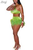 Feather Fringe Shorts Crop Top Two Piece Set Summer Women Sexy Bodycon Tracksuit Party Outfits 2023 Swimsuit