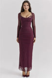 Burgundy Sheer Long Sleeve Bodycon Maxi Dress- Outfit