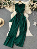 Vintage V-Neck Wide Leg Jumpsuits Women Elegant Red/Green/Orange Sleeveless High Waist Romper With Belts New Fashion